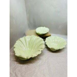 Vintage Green Ceramic Shell Bowls Set of 3 Nesting Scalloped Coastal Decor